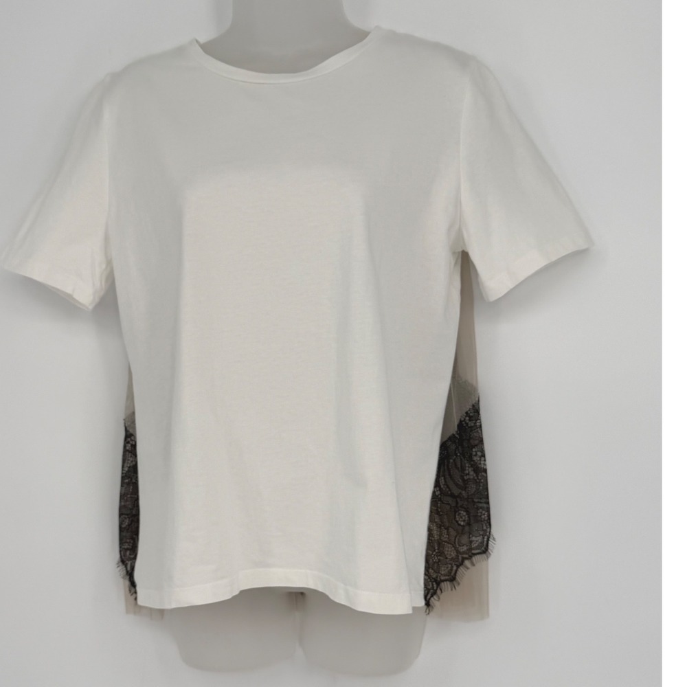 ZARA White Lace Trim Tulle Sheer Back T Shirt Top Women's M Bohemian Chic 100-60 - Picture 2 of 13
